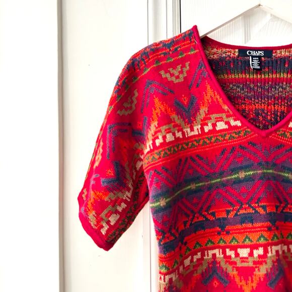 Chaps Denim Vintage Red Aztec Southwestern V Neck Cotton Blend Sweater Medium - Picture 2 of 8